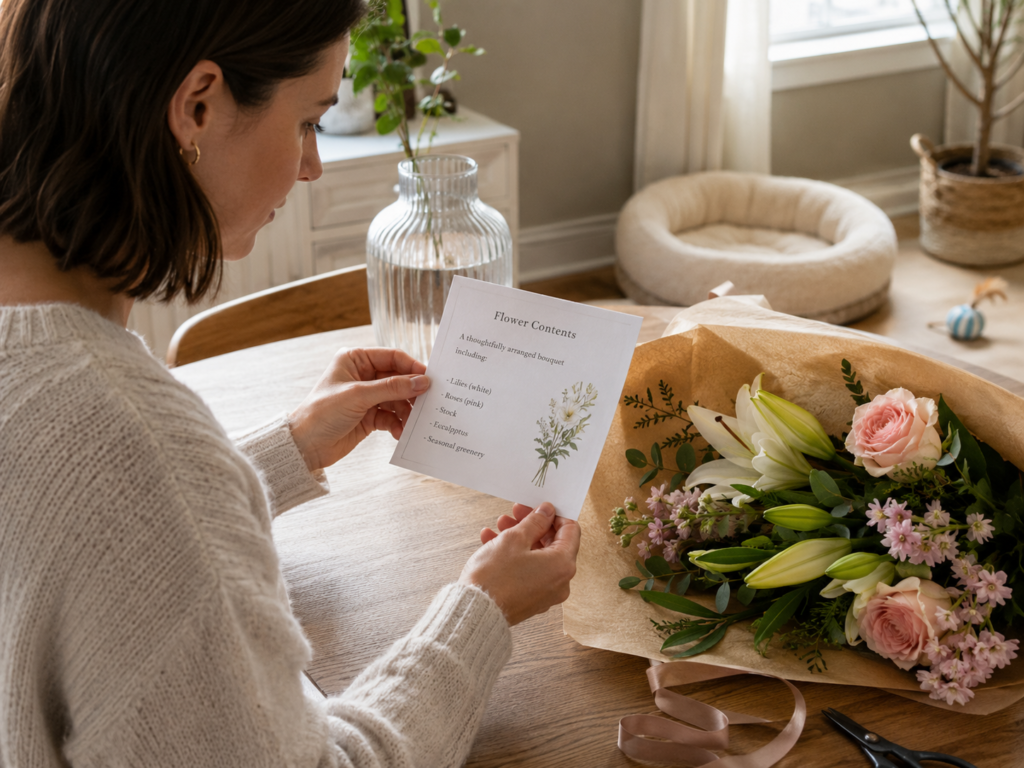 A person checking the flower details of a bouquet before placing it in the home